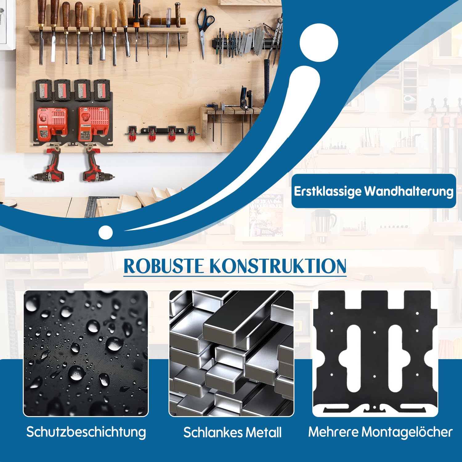 Soporte de pared de metal 3 en 1 para cargadores, baterías y taladros Milwaukee - Compatible con cargadores M12-18C/M12-18FC/M18 DFC - Soporte de batería para baterías Milwaukee M12 de 12 V y M18 de