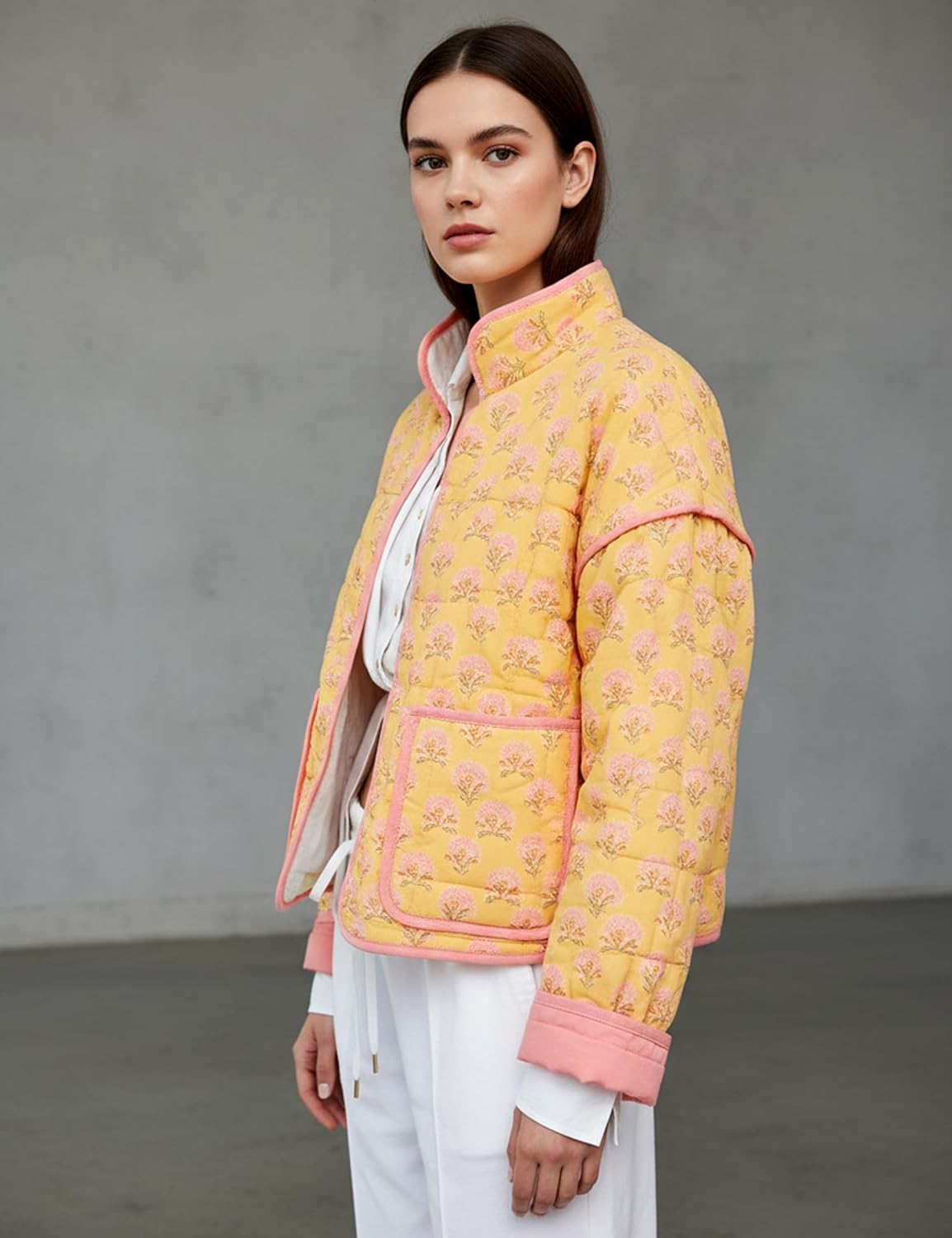 Womens Floral Quilted Jackets Lightweight Cropped Button Down Padded Puffer Jacket Winter Warm Coats - Image 3