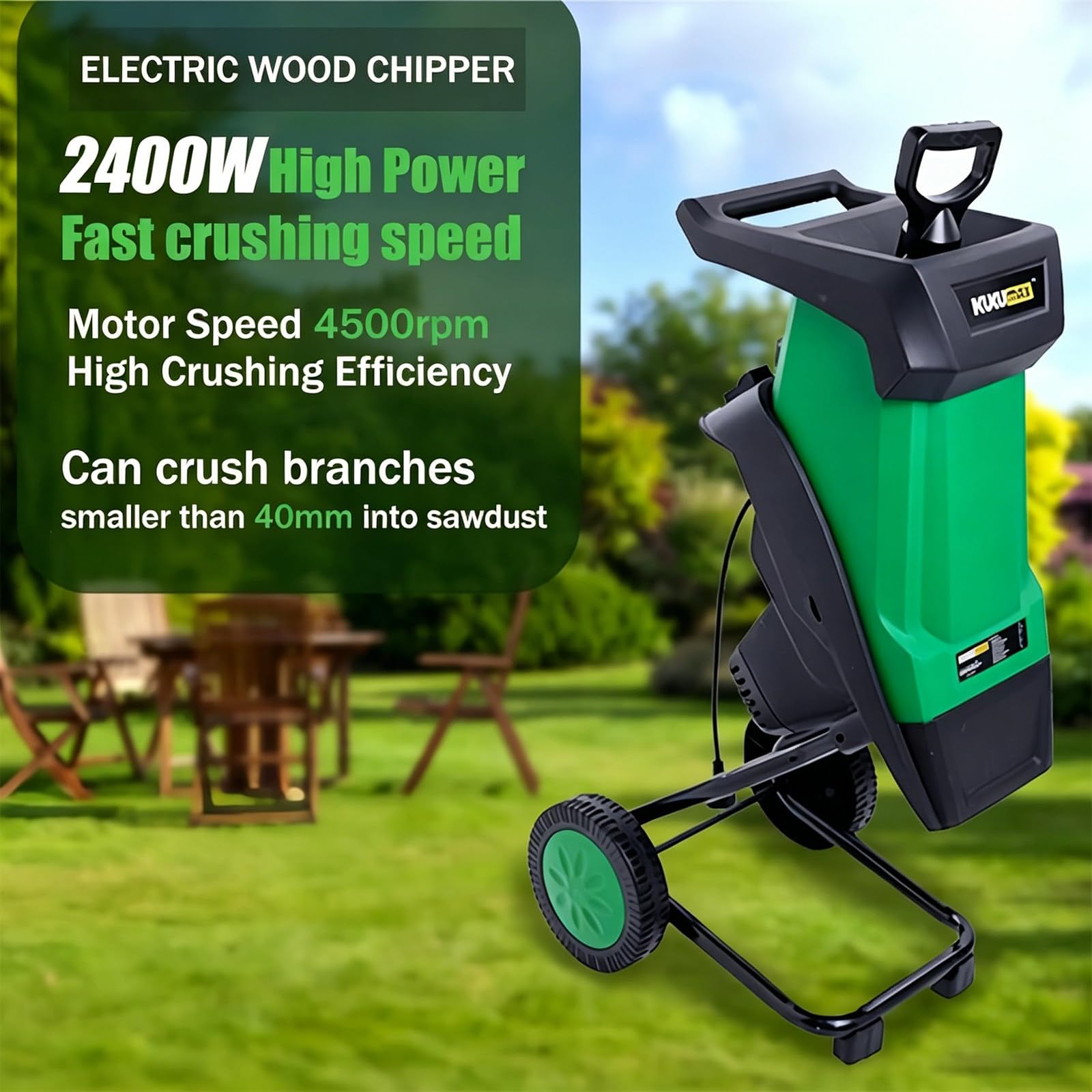 Trituradora eléctrica de Madera de 2400W, Alta relación de reducción 20:1 con 2 Cuchillas de Acero Incluidas, Capacidad de 50L, trituradora de jardín para compostar Ramas y ramitas Green