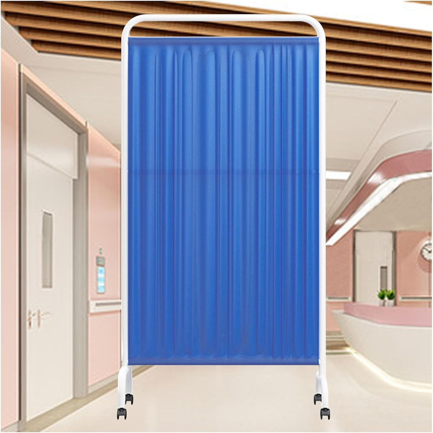 1-5 Panel Medical Privacy Screen,Folding Privacy Screen with 360° Brake Wheels,Protective Single Panel Screens Room Divider for Office/Hall/Clinic/Restaurant(White,5-Panel) (Dark Blue 4panel