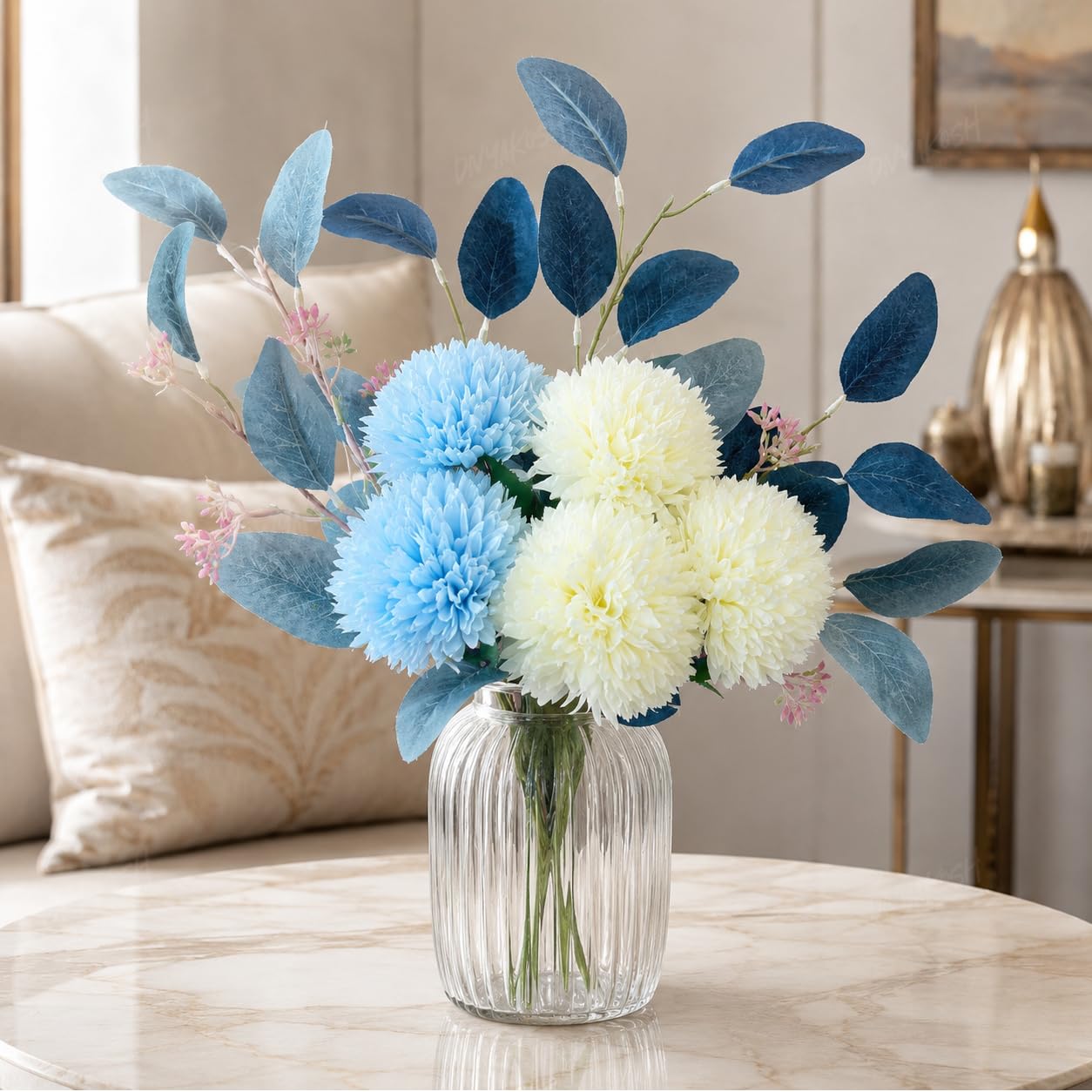 Divyakosh Artificial Chrysanthemum Flower Bouquet, 5 Flowers with Foliage, Blue & White Pom Pom Floral Arrangement, Deco