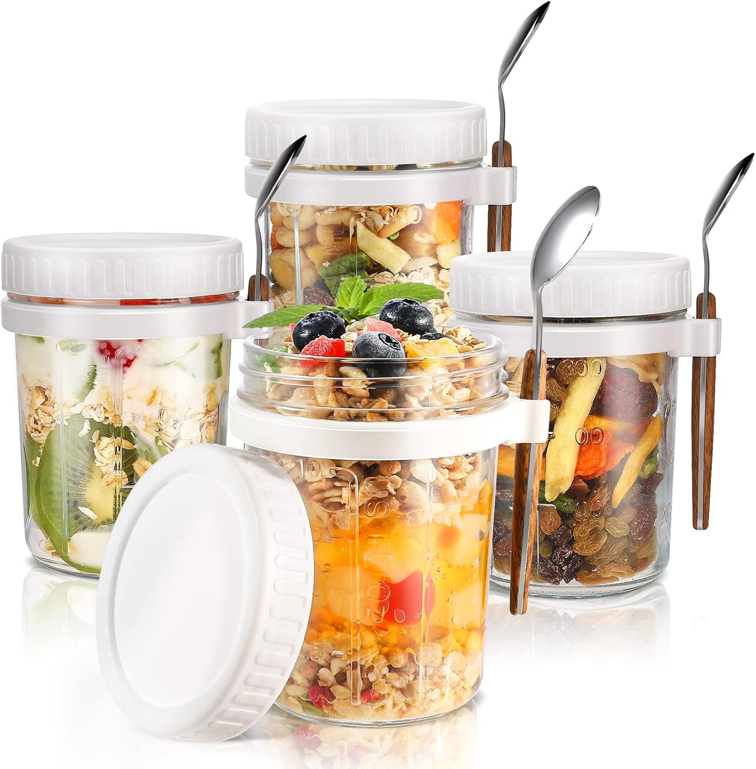 Recipientes De Avena Con Tapas Y Cuchara De 16 Onzas [paquete De 4] Tarros Grandes Herméticos De Avena Con Marcas De Medición, Tarros De Vidrio Para Yogur, Pudín De Semillas De