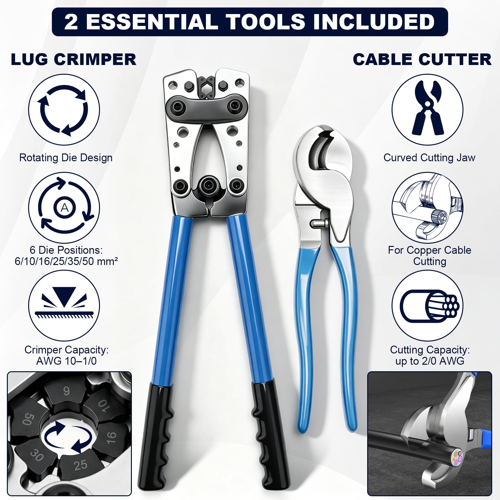 Kit de herramientas de crimpado de terminales de cable de batería, juego de accesorios de 156 piezas con 2 herramientas, crimpadora AWG 10-1/0 con cortador de cable, 76 lengüetas de cobre y 80 tubos