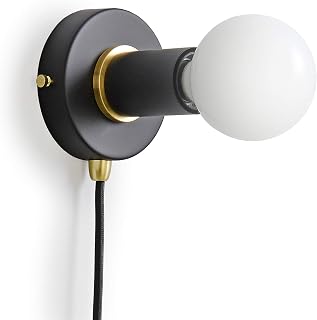 BRIGHTTIA Matte Black Plug-in Simple Ring Wall Sconce Light - Brushed Brass Color Accents - Modern Minimalist Lighting - Mid Century Industrial Exposed Bulb Wall Lamp - 16Ft Fabric Cord (BW0005-1BP)