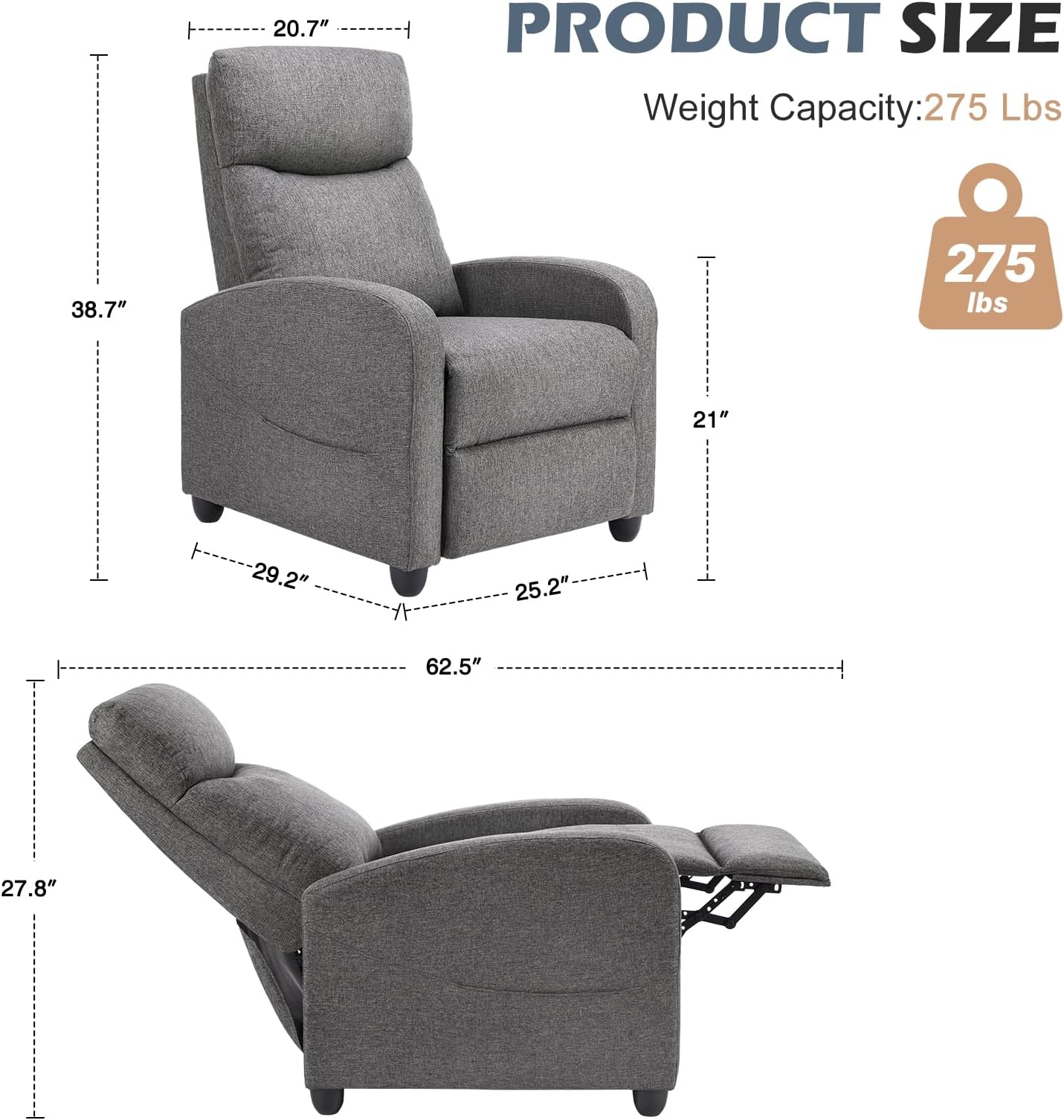 Sweetcrispy Adults Massage Fabric Small Sofa Home Theater Lumbar Support, Adjustable Modern Reclining Chair with Padded Seat Backrest for Living Room (Grey), SWCH-21GY