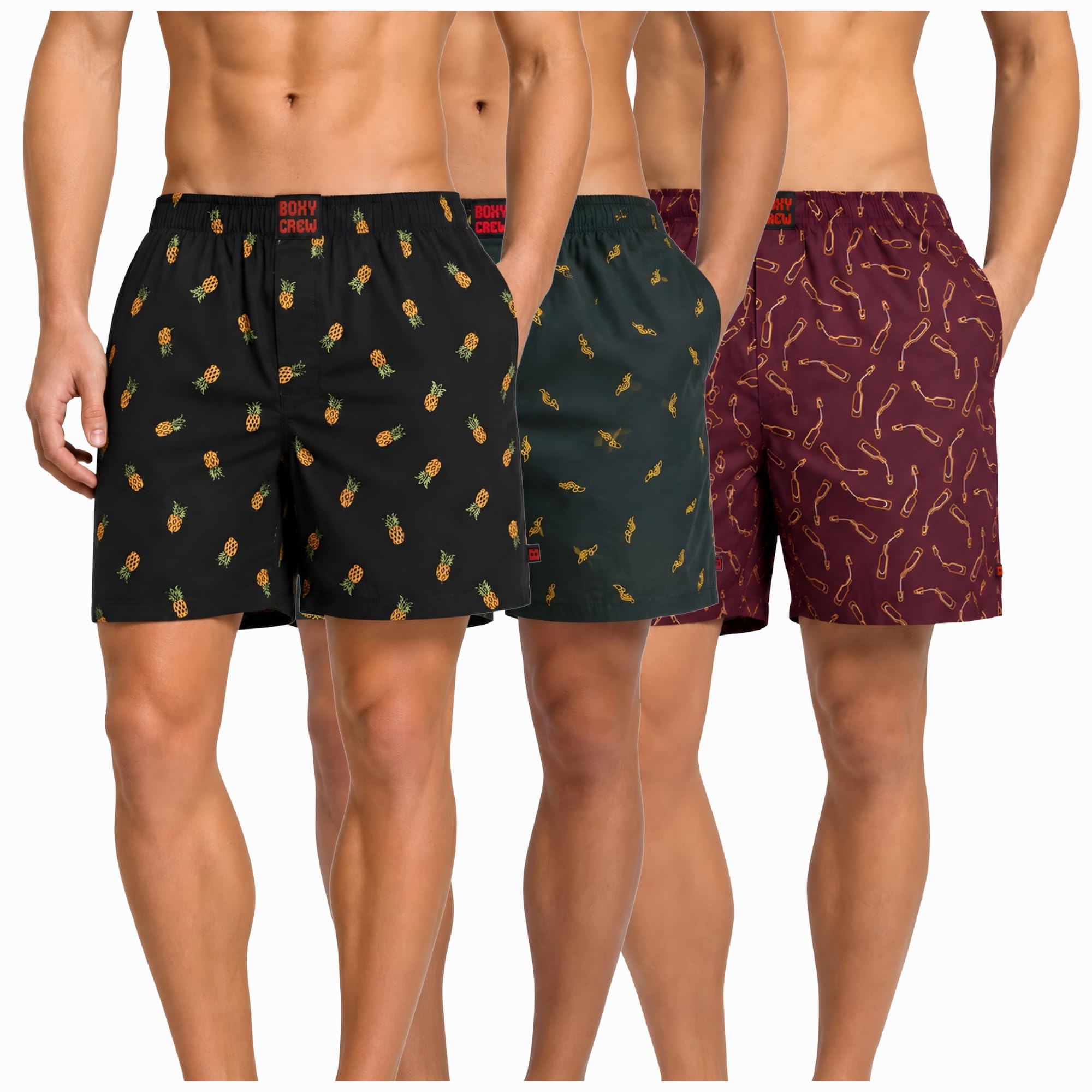 Men's 100% Cotton Boxer Shorts Pack of 3, Charcoal, Dark Teal & Maroon | Woven Boxers with Side Pockets, No-Marks Elastic Waistband, Breathable Relaxed Fit | Style 004-010-014-image-47
