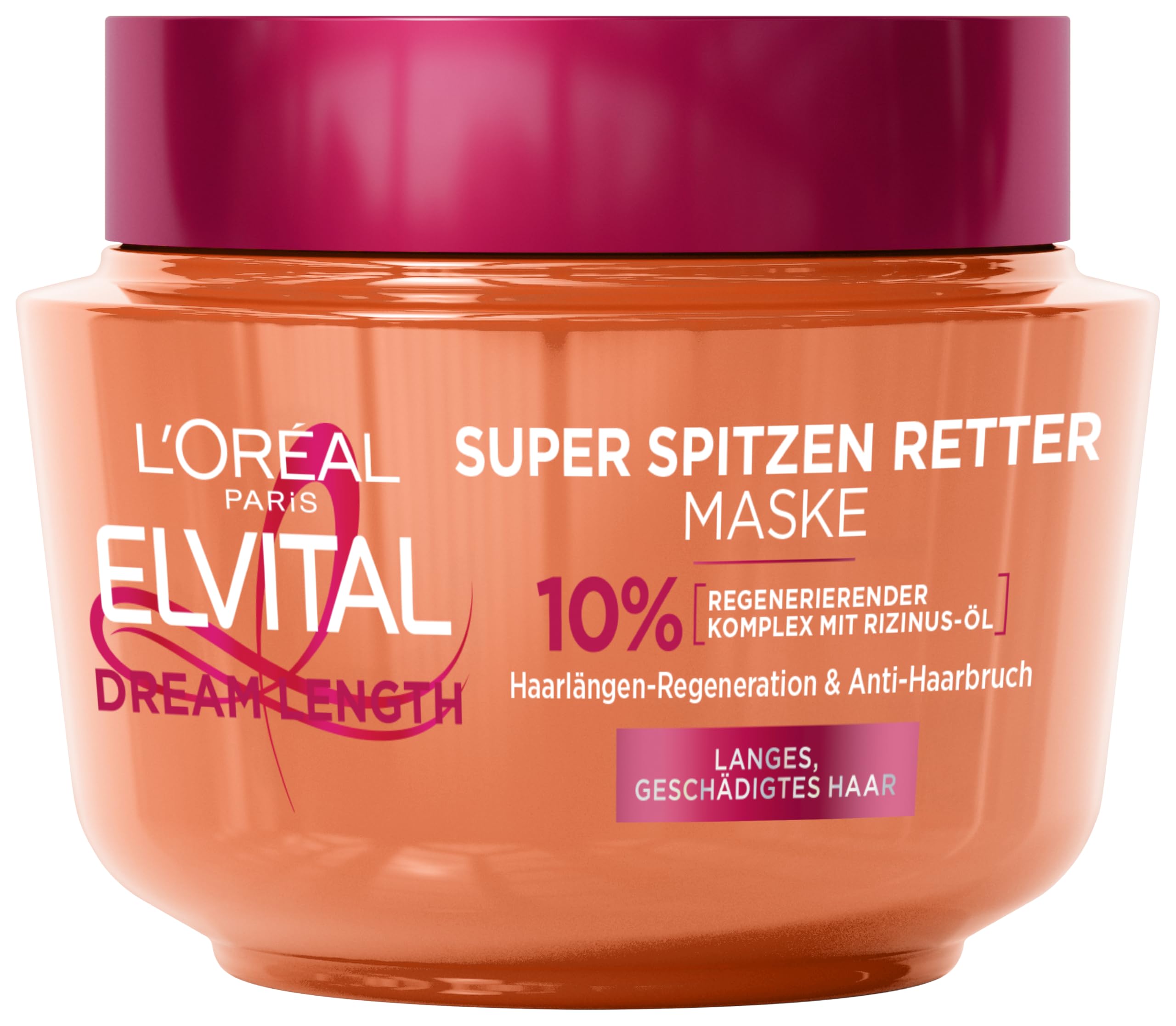 L'Oréal Paris Elvital Anti Spliss Haarmaske für langes, geschädigtes Haar, Intensive Haarkur zum Ausspülen, Mit pflanzlichen Vitaminen und Rizinus-Öl, Dream Length Super Aufbau Maske, 1 x 300 ml