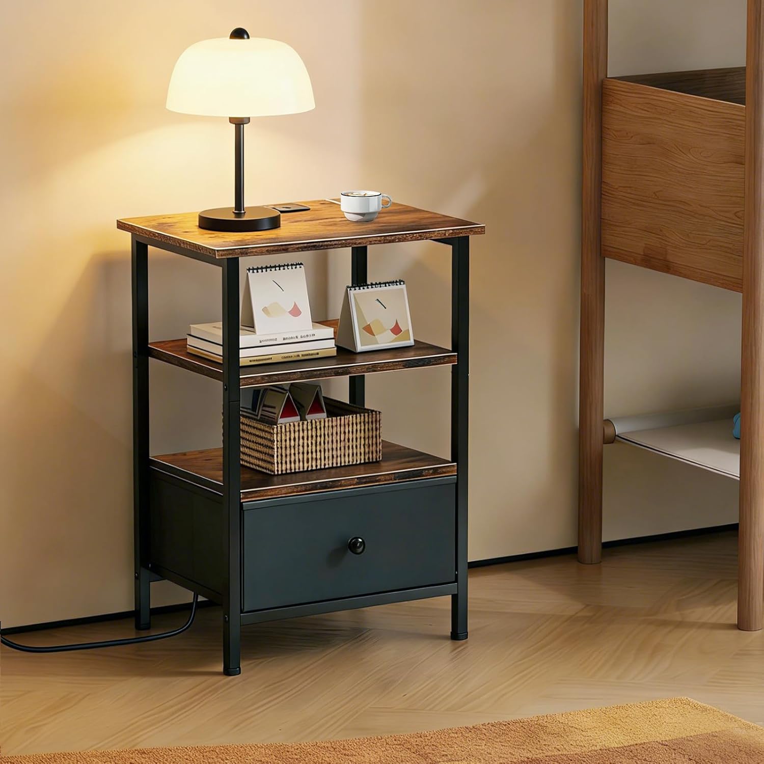 Side Table with Charging Station, Nightstand with Adjustable Fabric Drawer, Bedside Table for Bedrooms, Living Rooms & Home Decor (Brown Black) - Image 7