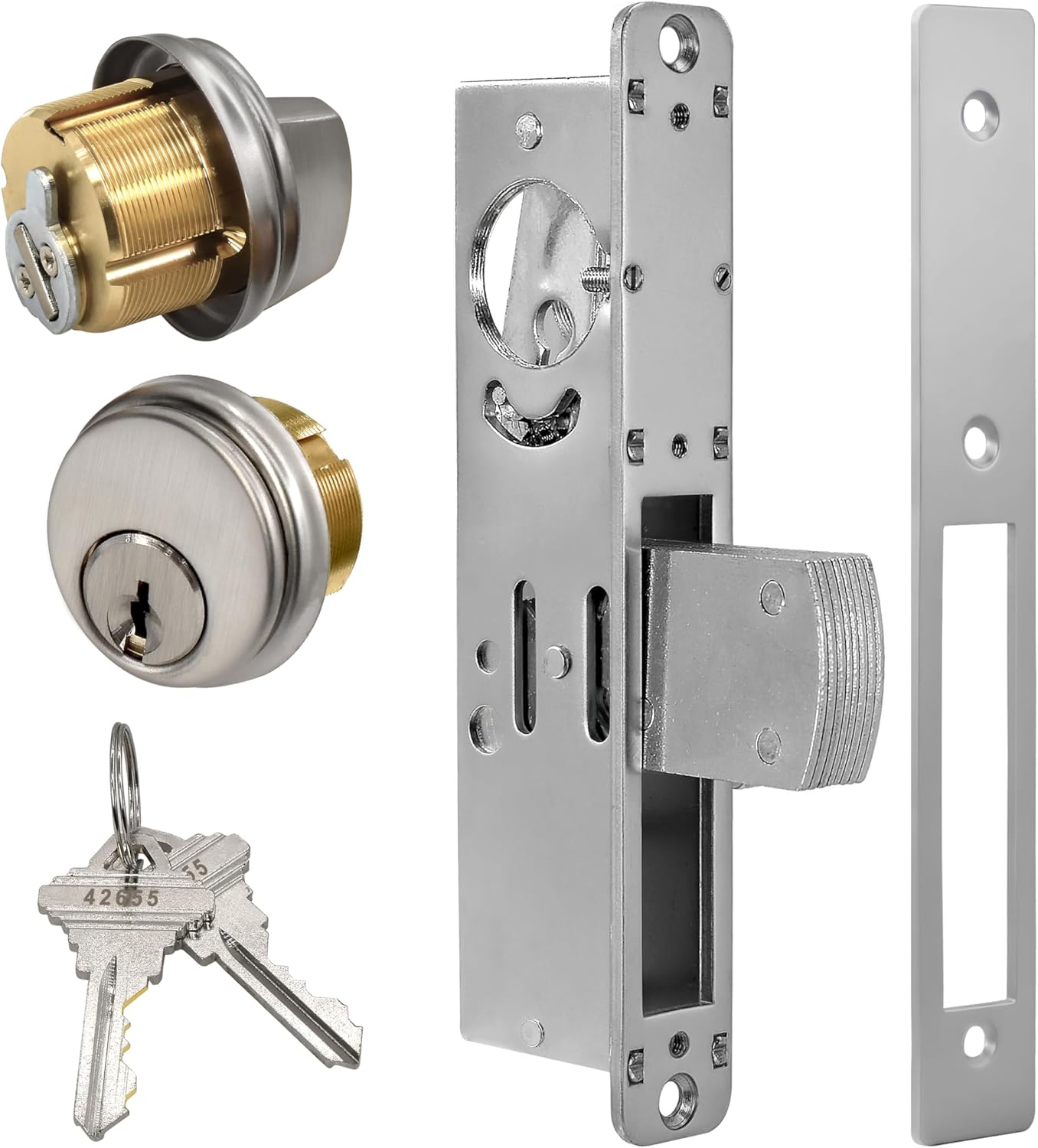 Storefront Door Lock Commercial Mortise Swing Deadbolt, Solid Brass Cylinder with Key & Thumbturn, 31/32” Backset, Direct Replacement for Adams Rite, Aluminum Narrow Stile Doors, Silver