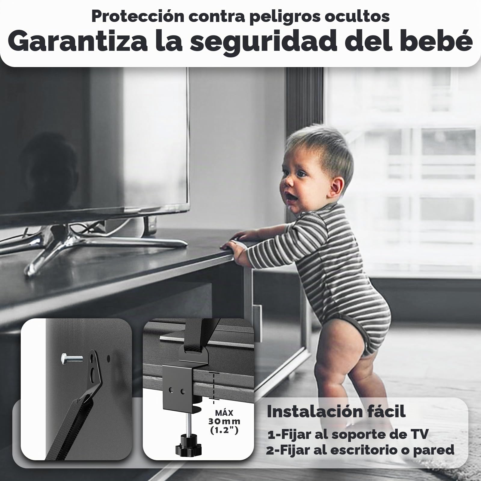 Joythink Correa de seguridad anti puntas para TV y muebles, ajustable, antipuntas, a prueba de bebés, conectores de metal para seguridad infantil, abrazadera VESA negra