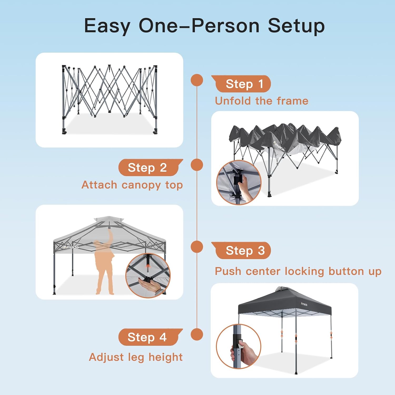 Amada 10x10 Pop Up Canopy Tent, 1-Button Push Easy-up Outdoor Canopy Beach Tent with 3-Height Adjustable Waterproof Shade Shelter, Wheeled STO-N-Go Bag 8 Stakes, 4 SandBags (10×10ft, Dark Gray)