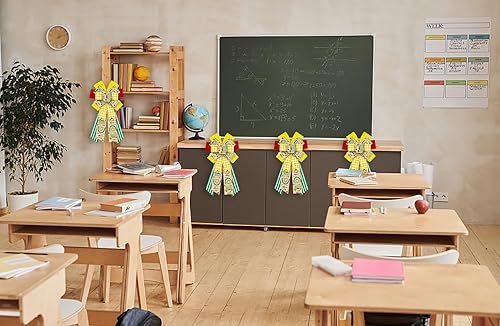 Vista 5 de Lazos grandes de regreso a clases para corona, lazos de corona de búfalo amarillo y blanco, lazos de bienvenida a rayas verdes para puerta