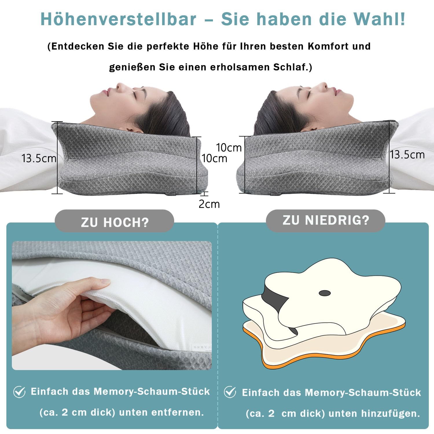 CHxxy Kissen, höhenverstellbar, hochwertiges ergonomisches Memoryschaum-Nackenkissen, Schmetterlingskissen für Rücken-, Seiten- und Bauchschlaf, kühlende maschinenwaschbare Kissenhülle,Vollgrau