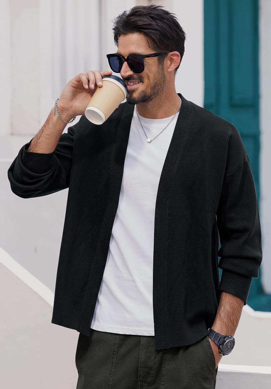 Mens Knit Cardigan Loose-Fit Shawl Collar Open Front Casual Vintage Sweater (S-XXL) - Image 5