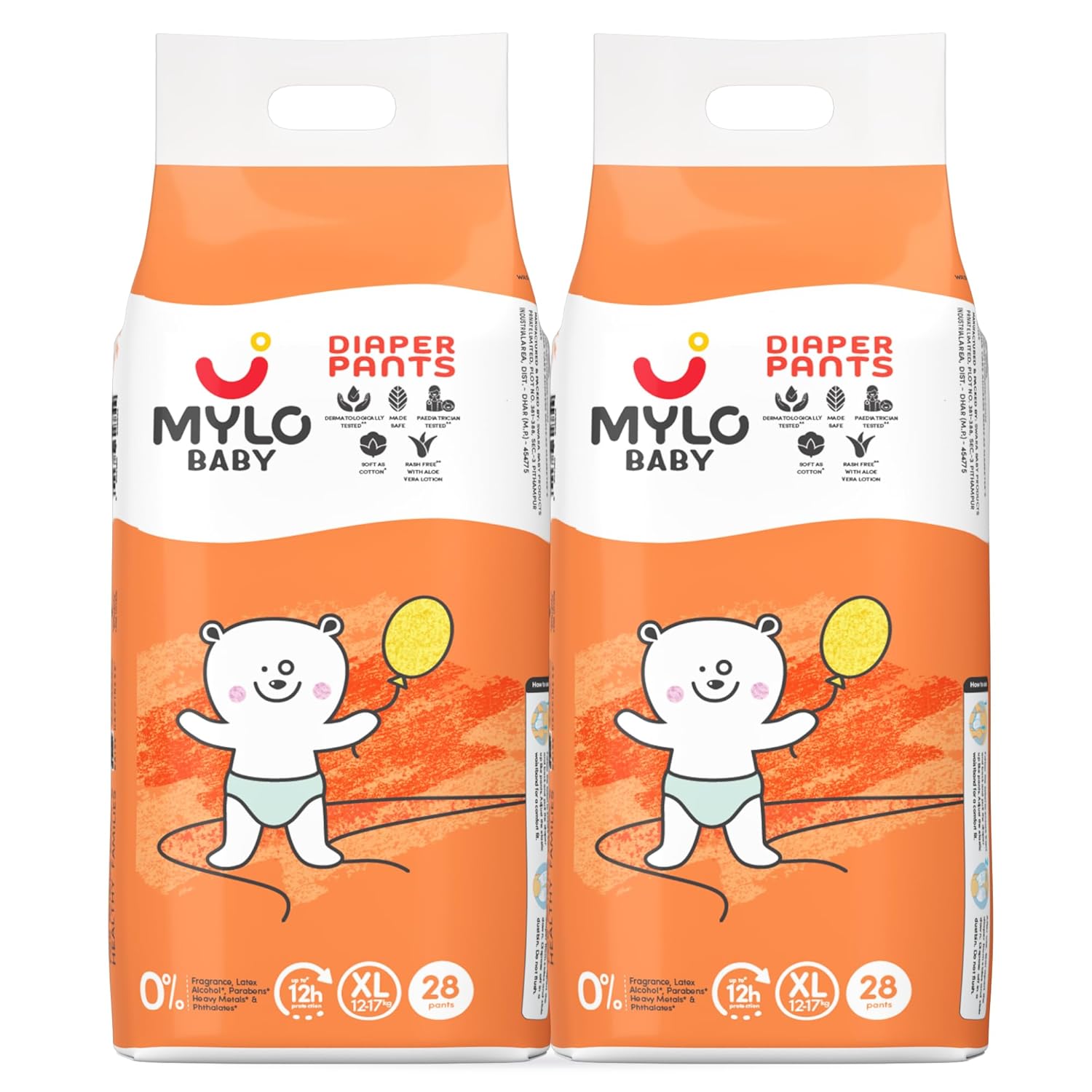 Mylo Baby Diaper Pants Extra Large (XL) Size 12-17 kgs (56 count) Leak Proof | Lightweight | 12 Hours Protection | ADL Technology | with Aloe Vera Lotion
