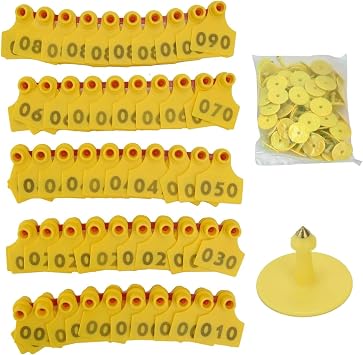 Cattle Ear Tags Numbered 001-100, TPU Anti Dropping Livestock Ear Tags for Sheep Cattle Calf Fox, Animal Identification Earring Tagger Yellow