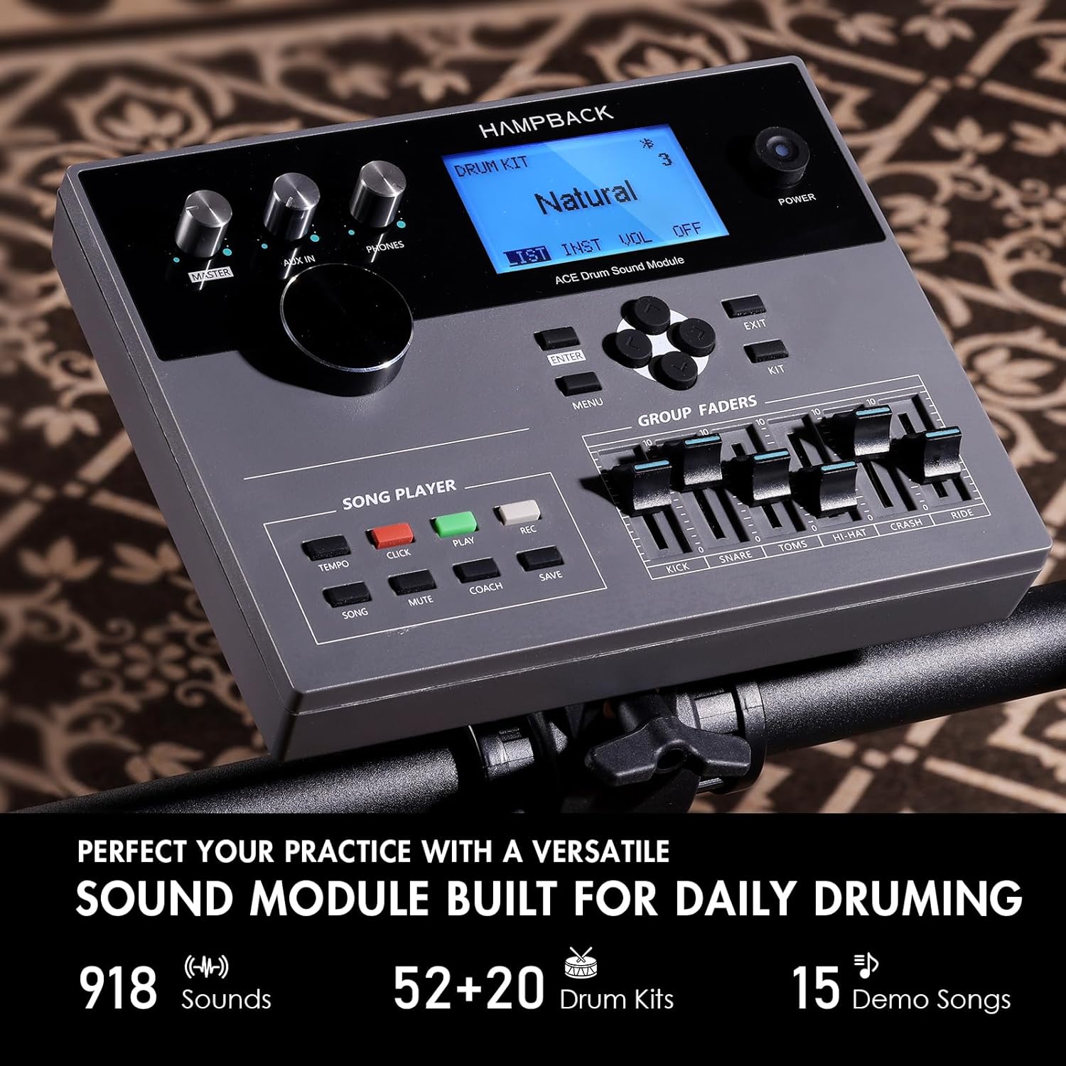 HAMPBACK ACE-307 Electric Drum Sets for Beginner with Quite Mesh Pads, 2 Cymbals w/Choke, 52+20 Drum Kits and 918 Sounds, USB MIDI, Recording Function(5 Pads, 3 Cymbals)