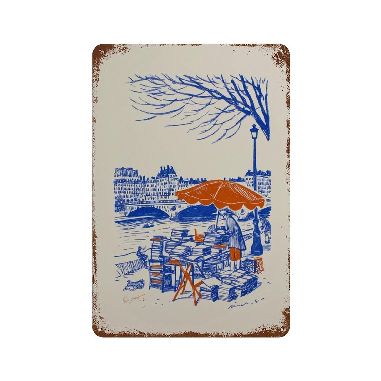 xiaoxiaoshen Paris Street Market River Seine Bookstall French Parisian Cityscape Wall Decor Art Metal Tin Poster Modern Home Decor Art Home Bar Shop Decorations Vintage Sign 30x20cm