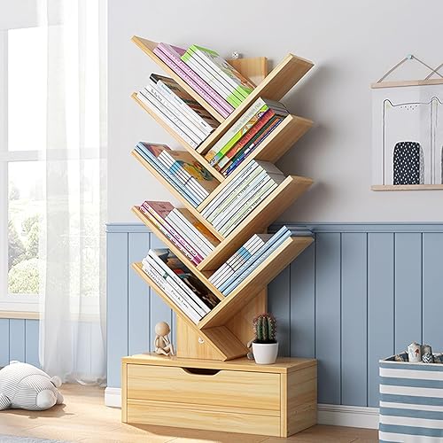 Miniatura 2 de Estantería con cajón, estantería de madera de 8 niveles con capacidad de carga fuerte, estante de almacenamiento de libros de madera alto para