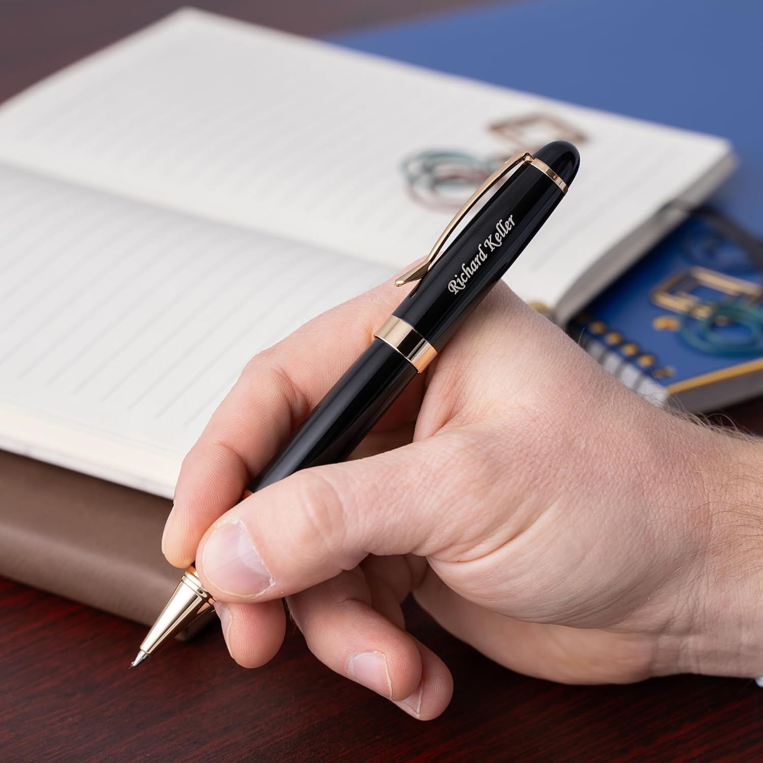 Dayspring Pens Engraved Alexandria Rollerball Pen with Gift Box, Black Finish, and Gold Trim. Engraved With a Name or Personal Message. Smooth Black 0.7mm Rollerball Ink.