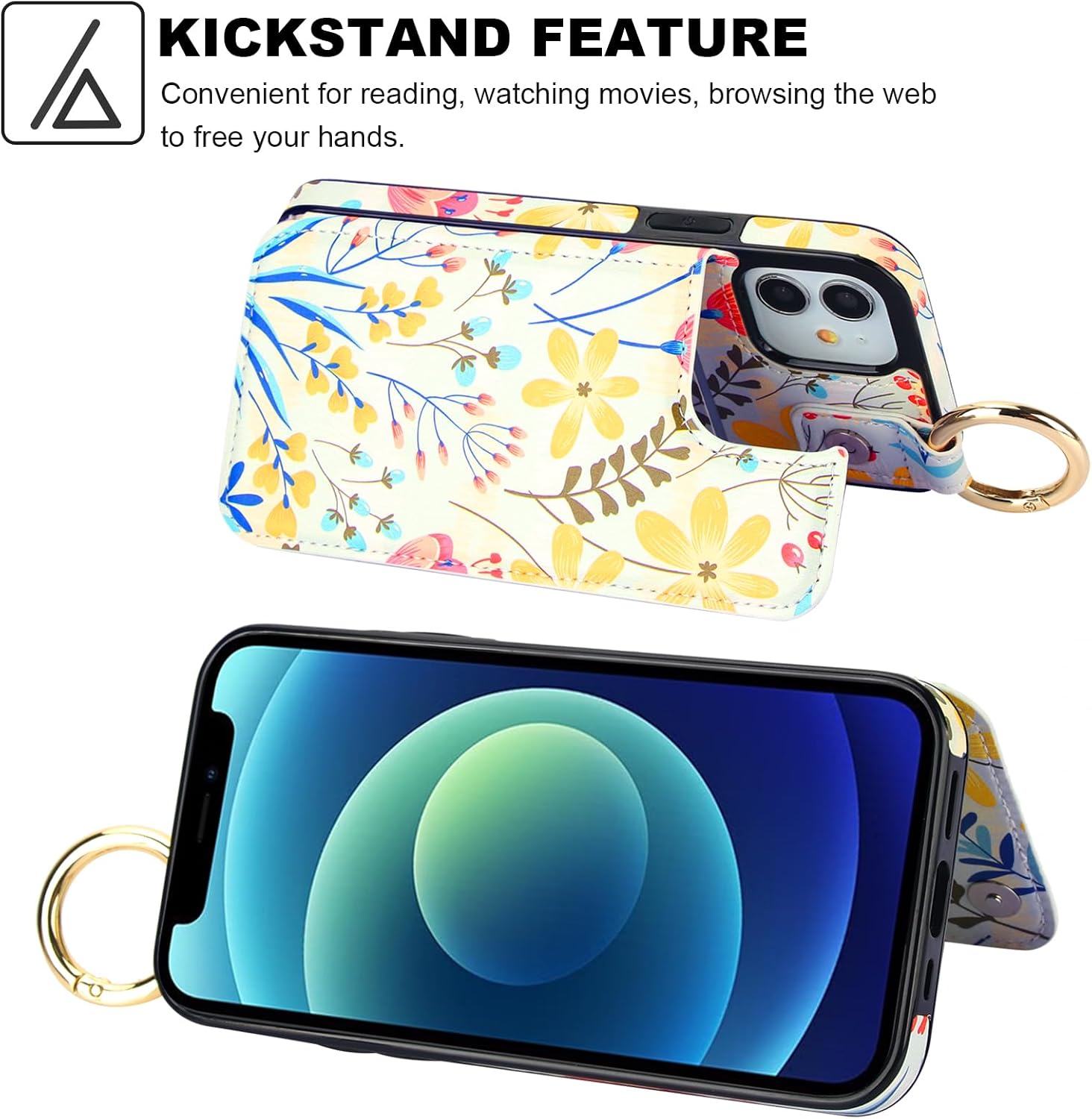 HAOPINSH for iPhone 12/12 pro Wallet Case with Card Holder, Floral Flower Print Back Flip Folio PU Leather Kickstand Card Slots Case, Finger Grip Ring Double Magnetic Clasp Shockproof 6.1"