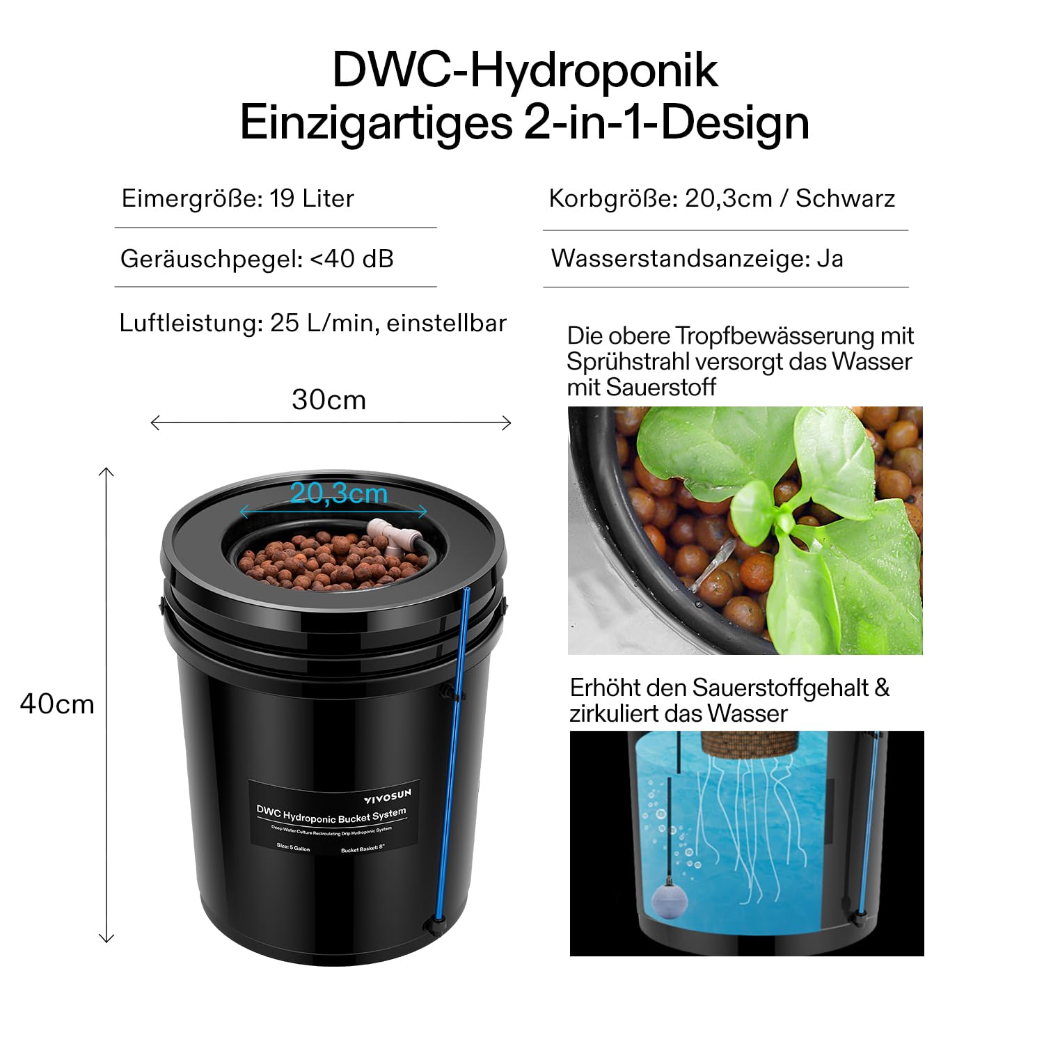 VIVOSUN DWC Hydrokultur-Wachstumssystem, 1,7 l tiefe Wasserkultur, Umlufttropfsystem mit Mehrzweck-Luftschlauch, Luftpumpe und Luftstein (4 Eimer + Top Drip Kit)