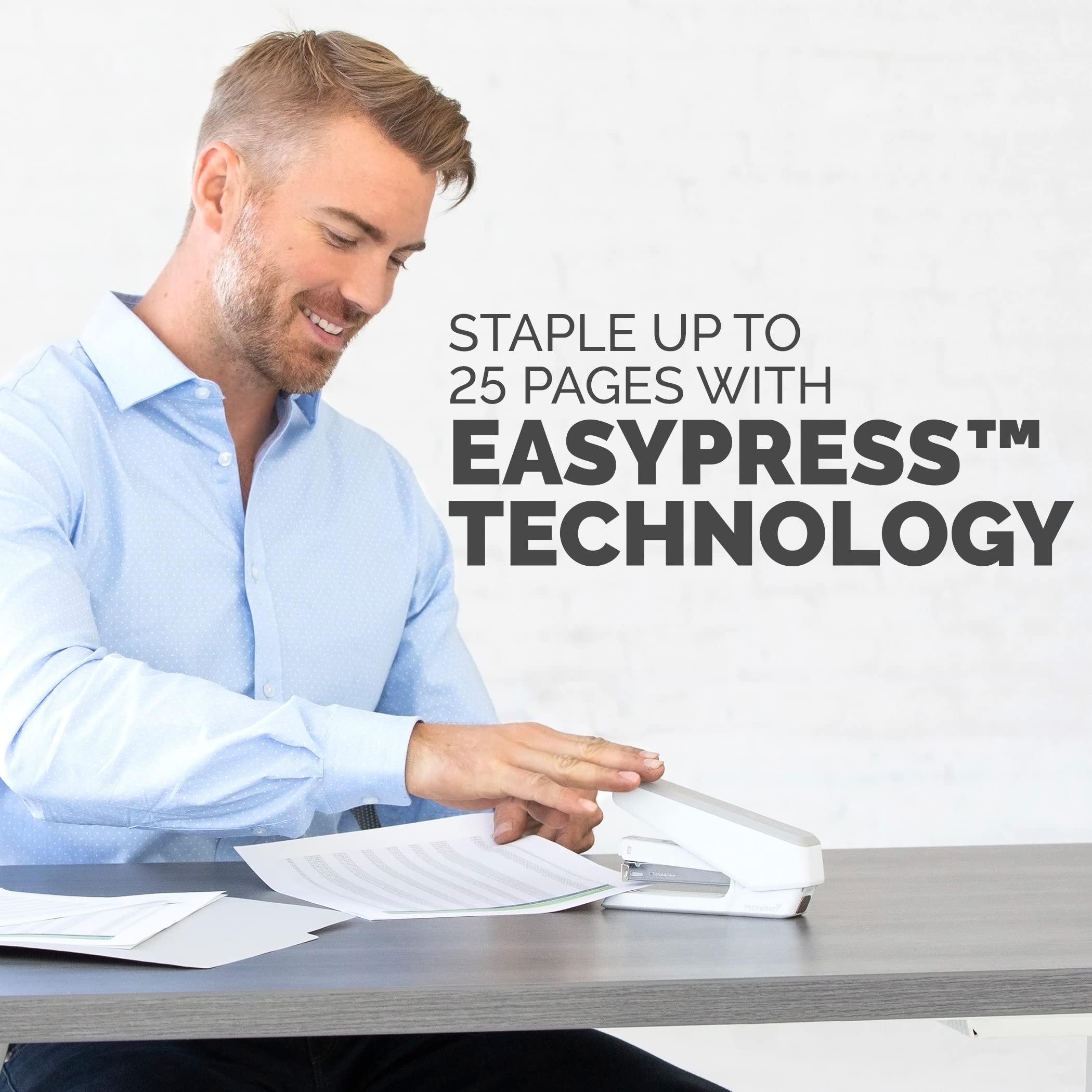 Fellowes LX850 EasyPress Büroheftgerät, Vollstreifen, müheloses One-Touch-Heftgerät für Klassenzimmer, Zuhause und Büro, hält vollen Heftstreifen, 25 Blatt Kapazität, Weiß