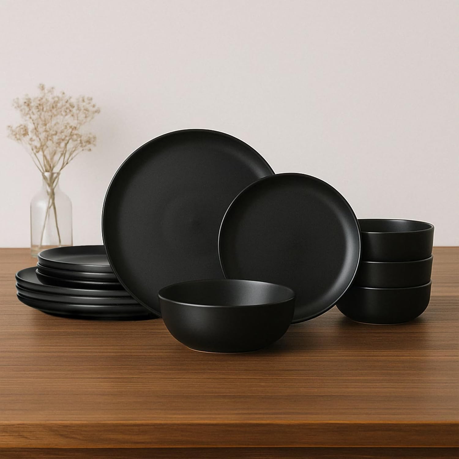 12-Piece Stoneware Dinnerware Set with Mugs | Microwave and Dishwasher Friendly | Stackable Matte Glaze Plates & Bowls | Service for 3 (Black for 4)