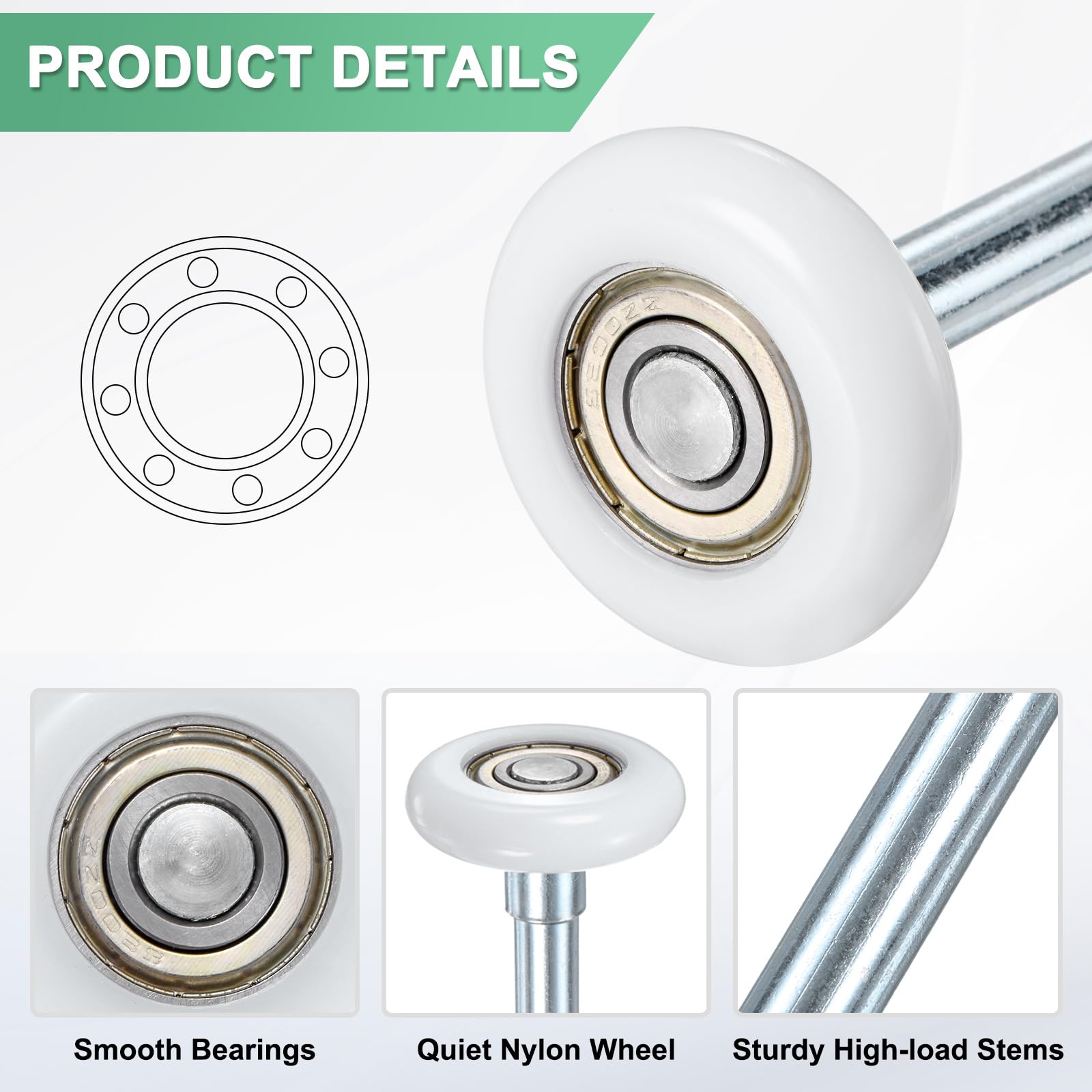 M METERXITY 4 Pcs Rullini Nylon Per Porte Garage 1.8"/ 46mm Rullini Silenziosi Per Porte Garage Con Stelo 190 Mm Cuscinetto Di Precisione Sigillato 6200zz 8 Sfere [Bianco]
