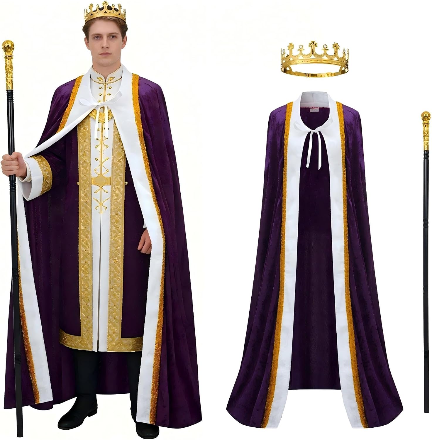 King Costume for Men and Women, Queen Costume,Adult King Cape Robe Metal Crown Scepter, Lord Farquaad Costumes