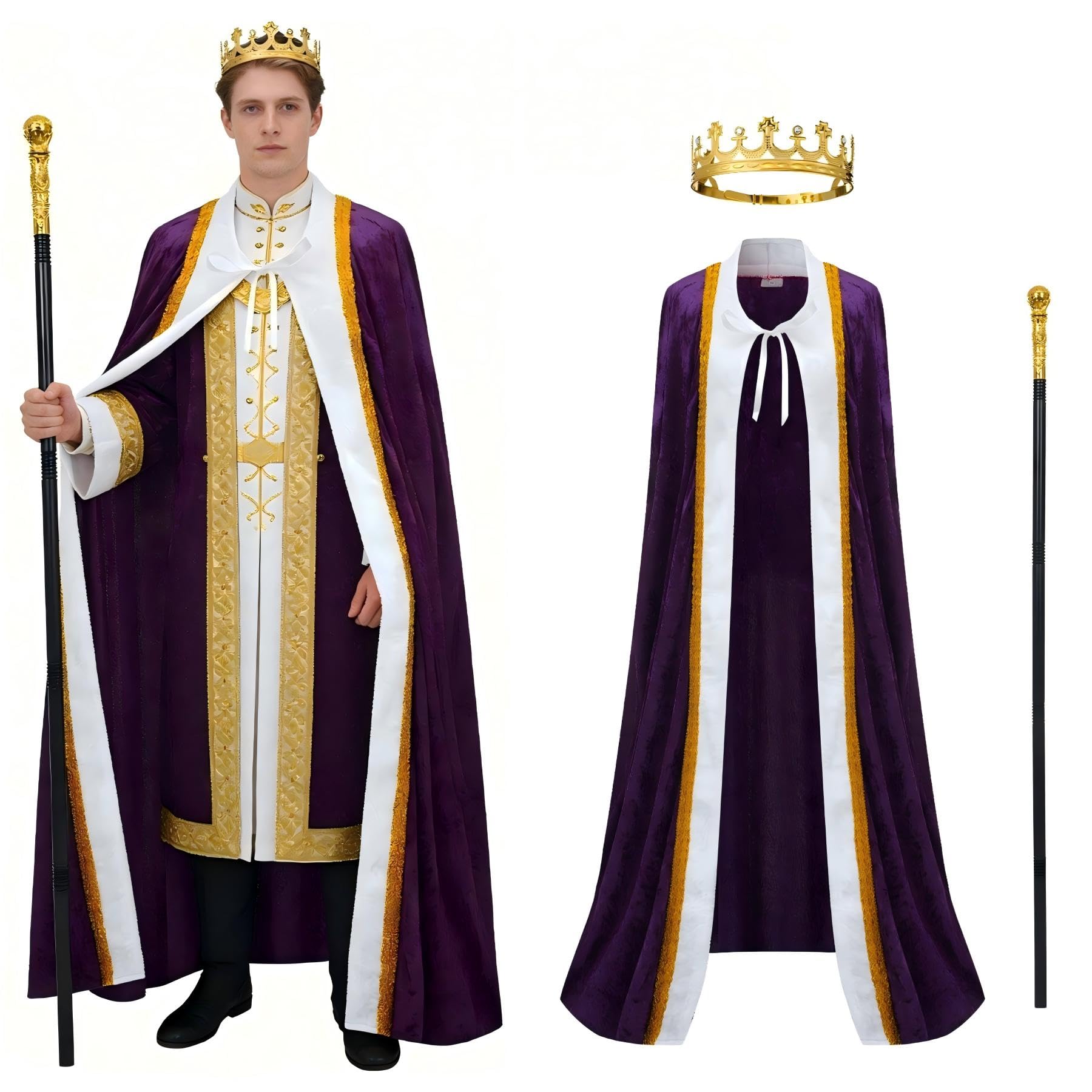 Regenboog Costume da re per uomini e donne con corona in metallo, costume da regina viola, mantello da re per adulti, spilla da scettro, costume di Halloween, Lord Farquaad, M