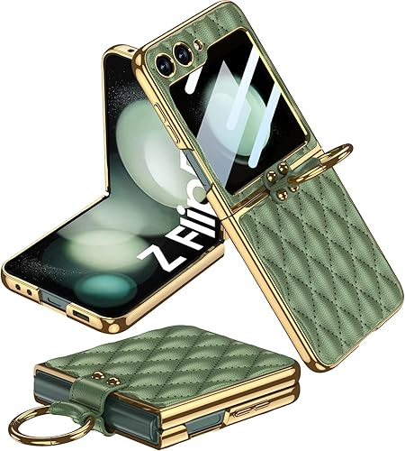 Miimall Funda con protector de pantalla compatible con Samsung Z Flip 5, funda de cuero con soporte de anillo, cubierta trasera de cuero romboide de