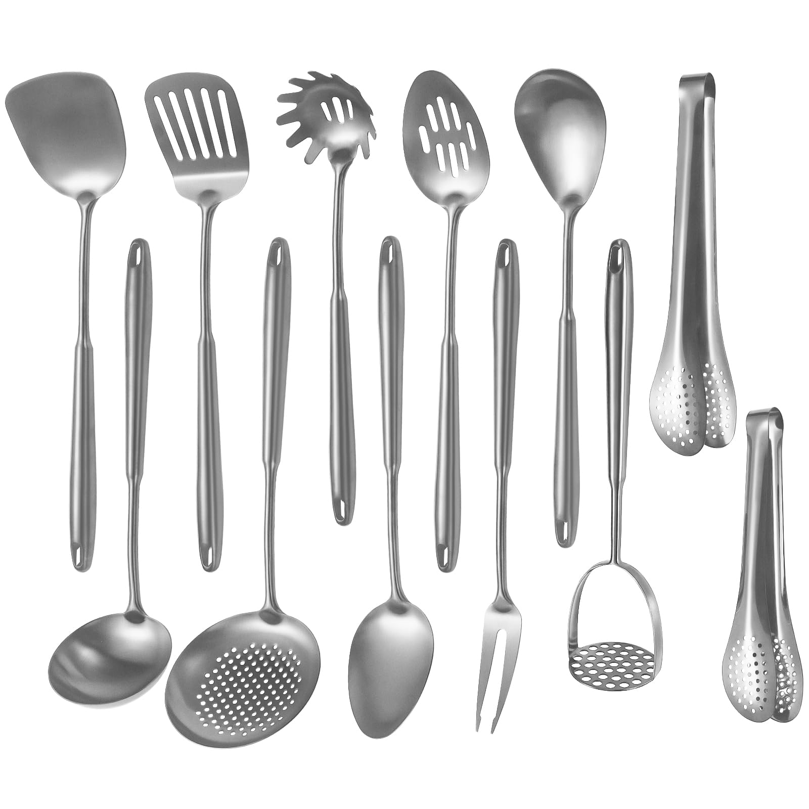 304 Stainlss Steel Kitchen Utensils Set, 12 Pcs Long Metal Cooking Utensil Gadgets Tools Set with Spatula, Ladle, Spoon, Ladle, Skimmer, Tunner, Pasta