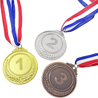 3PCS 1st, 2nd, 3rd Award Medals, 2 Inches Winner Medals Gold Silver Bronze Prizes with Red White Blue Neck Ribbon for Comp...