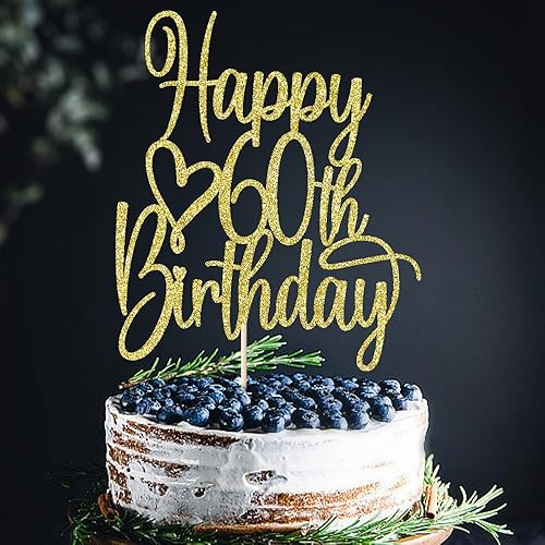 Miniatura 4 de FLORCMET - Decoración para pastel de cumpleaños 60 años con purpurina dorada, decoración para tartas de 60 años, decoración de pastel de 60 años