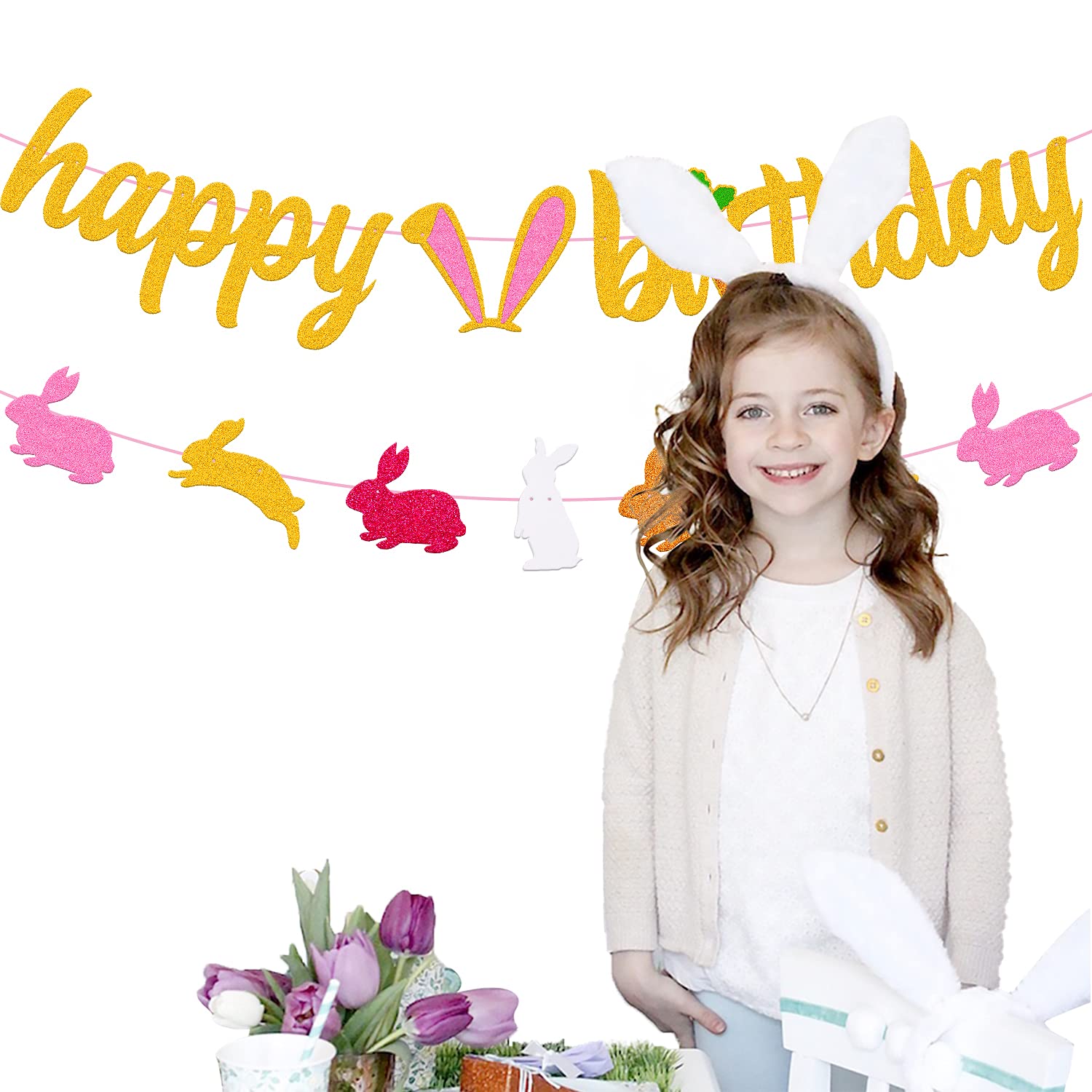 Bunny Happy Birthday Banner - Pink & Gold Glitter Garland For 1st, 2nd Birthday Or Easter Party