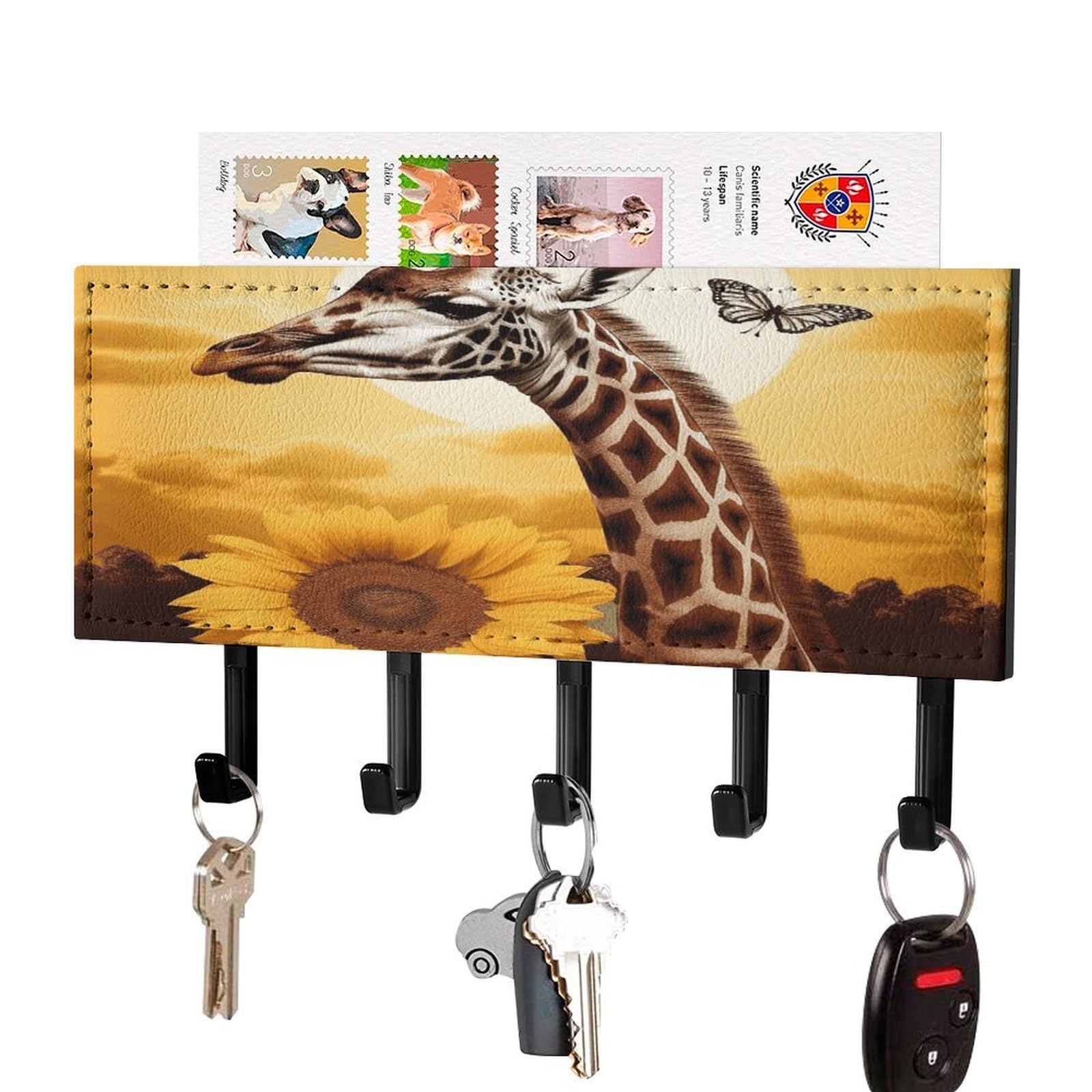 FekiLoot Giraffe and Sunflower Key Holder Wall Mount Key Hanger with 5 Hooks Decorative Key Rack Hanging Key Hooks with Mail Organizer Key Holder for Wall Living Room Kitchen Bathroom Hallway Black