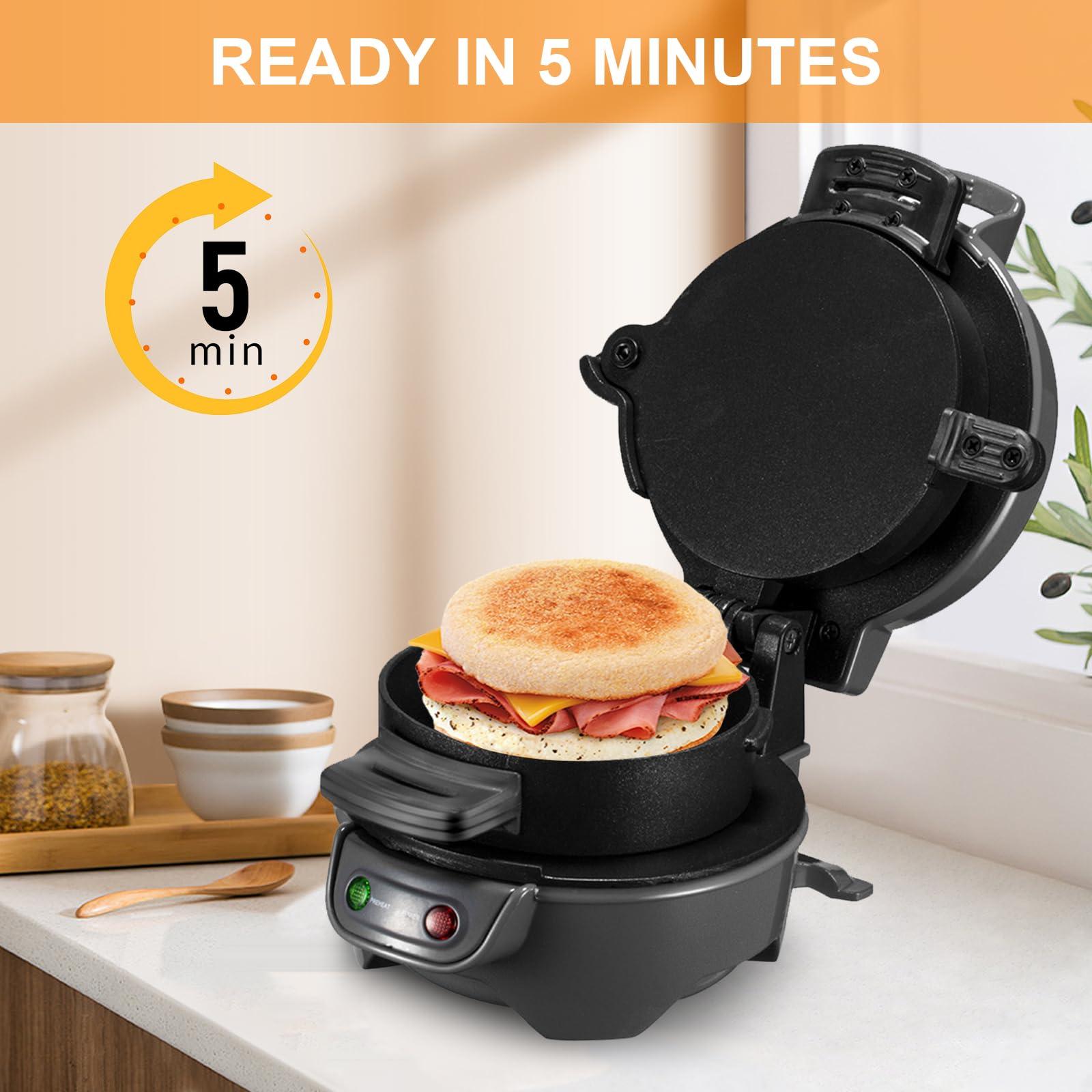 Appareils à Sandwiches, 600W Burger Maker avec revêtement antiadhésif, Grill Sandwich/Hamburger Avec Compte à Rebours Numérique, lavable au lave-vaisselle pour un petit déjeuner rapide (Gery)
