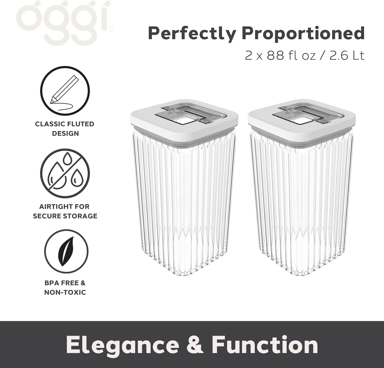 Oggi Airtight Clear Fluted Canister Set of 2 - Stackable Food Storage Containers with Lids, Vintage Modern Farmhouse Style, Kitchen Counter & Pantry Organization, Size - 2 x 88 fl oz / 2.6 Lt