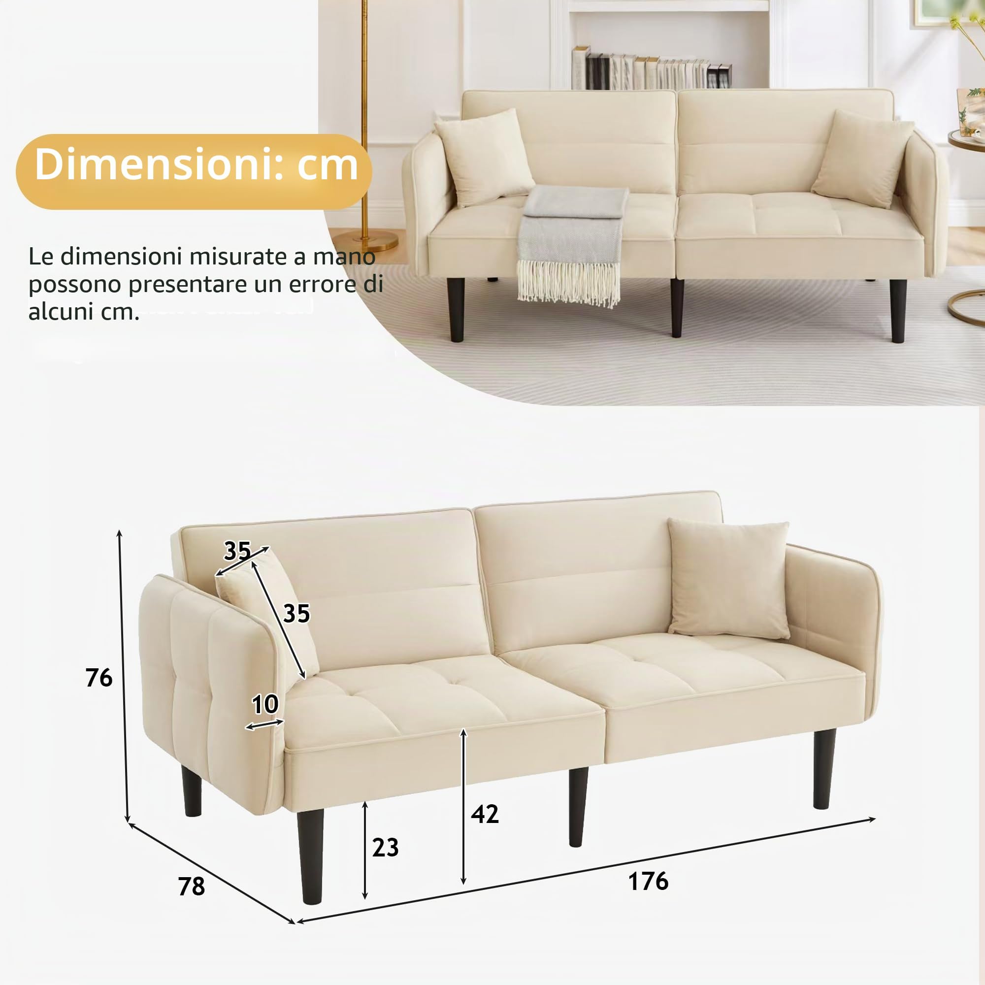 Azkoeesy Divano Letto 2 Posti in Velluto 176 cm, Schienale e Braccioli Regolabili, Piedi in Legno Massello, 2 Cuscini Inclusi, per Soggiorno e Ufficio (beige)