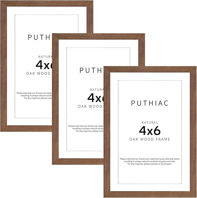 puthiac 4x6 Oak Wood Picture Frame - 4"x6" Photo Frame, 4x6 Picture Frame Wood, Natural Solid Wooden Picture Frames for Wall Art Photo and Prints(3 Pack, Walnut)
