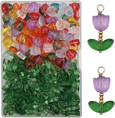 INSPIRELLE 100 juegos (200 piezas) de cuentas de cristal de flores de tulipán para fabricación de joyas y accesorios de manualidades