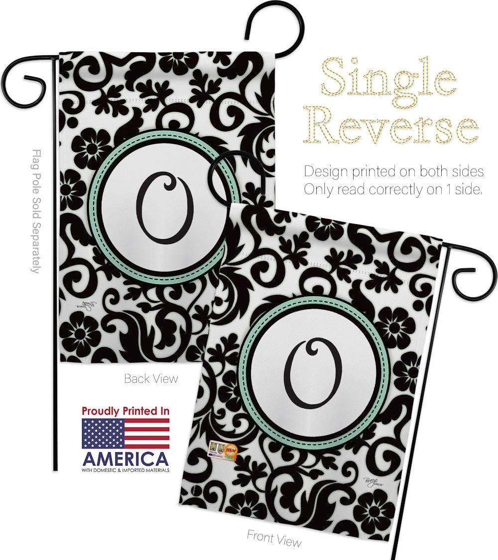 Damask O Initial Garden Flag Set Wall Holder Monogram Country Living Simply Beauty Floral Vintage Letter Everday Classic Small Decorative Gift Yard House Banner Made In USA 13 X 18.5