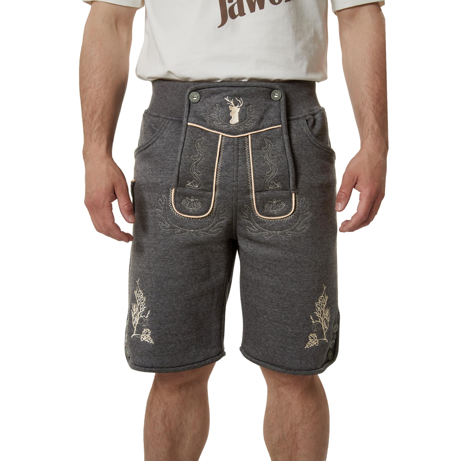 dressforfun Kurze Trachtenhose aus Fleece, vegane Lederhose, Tracht Herren, Trachten Lederhose Look ohne Leder, Vintage Optik mit authentischer Stickerei für Oktoberfest, Volksfest