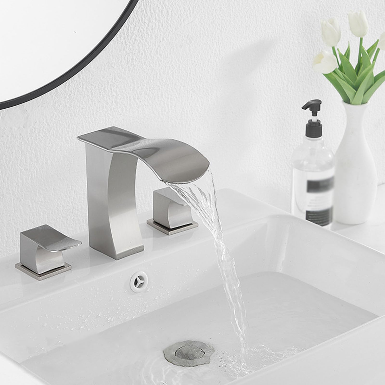 Robinet cascade 2 poignées pour lavabo 3 trous évitant les éclaboussures - 7