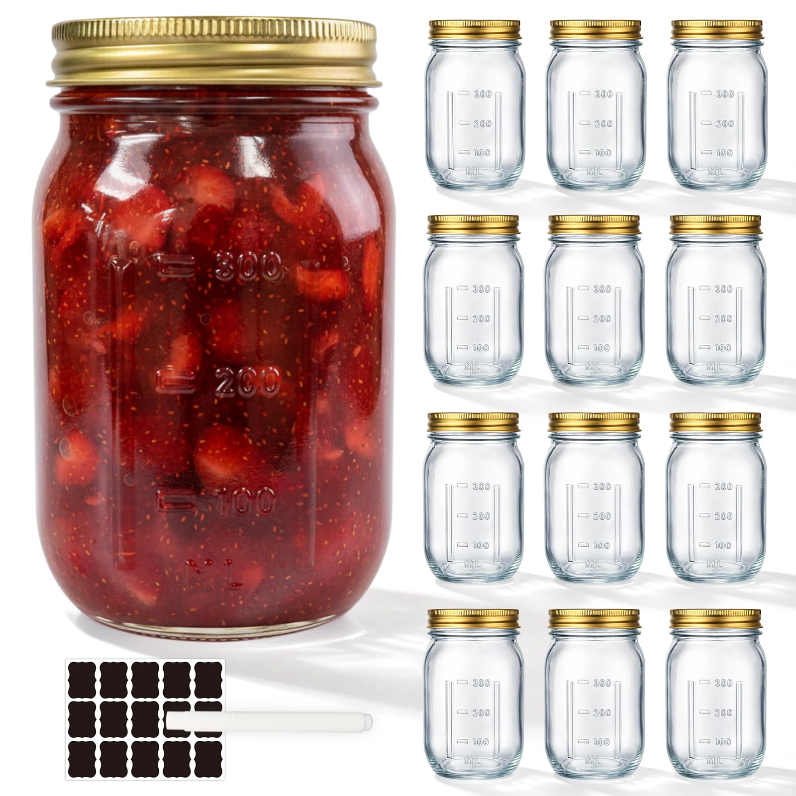 WERTIOO 12 Pack 480ml Mason Jar with Lids, Jam Jars with Scale–Jam Jars with Lids, Overnight Oats Jar, Storage Jars for Pickling, Jam, Meal Prep, Kitchen Storage
