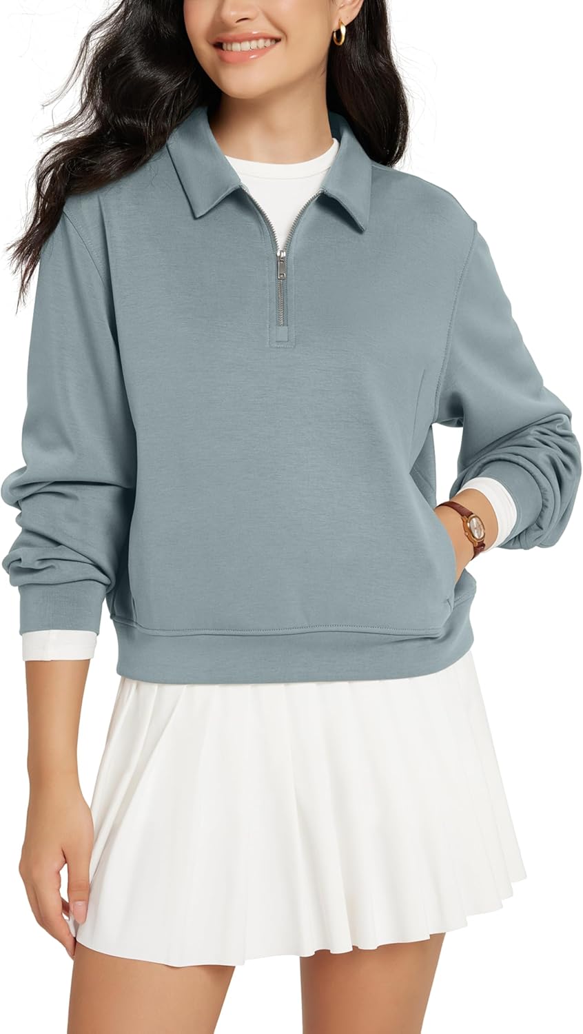 ODODOS Modal Soft Half-Zip Collared Sweatshirts for Women Long Sleeve Relaxed Pullover Top with Pockets