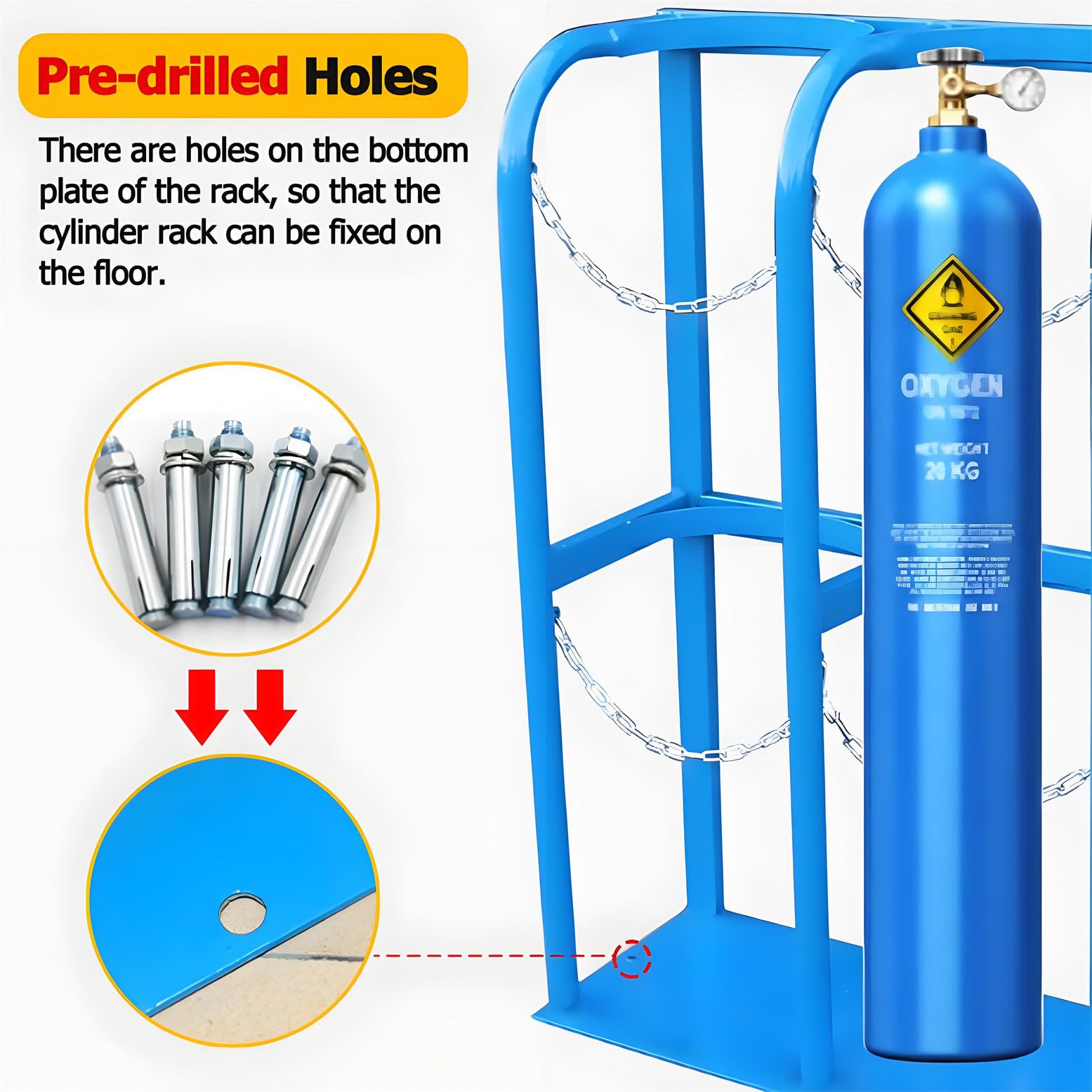 Support de rangement robuste pour bouteilles de gaz, support de montage au sol avec chaîne de sécurité et vis, idéal pour sécuriser plusieurs réservoirs dans des environnements industriels ou ateliers