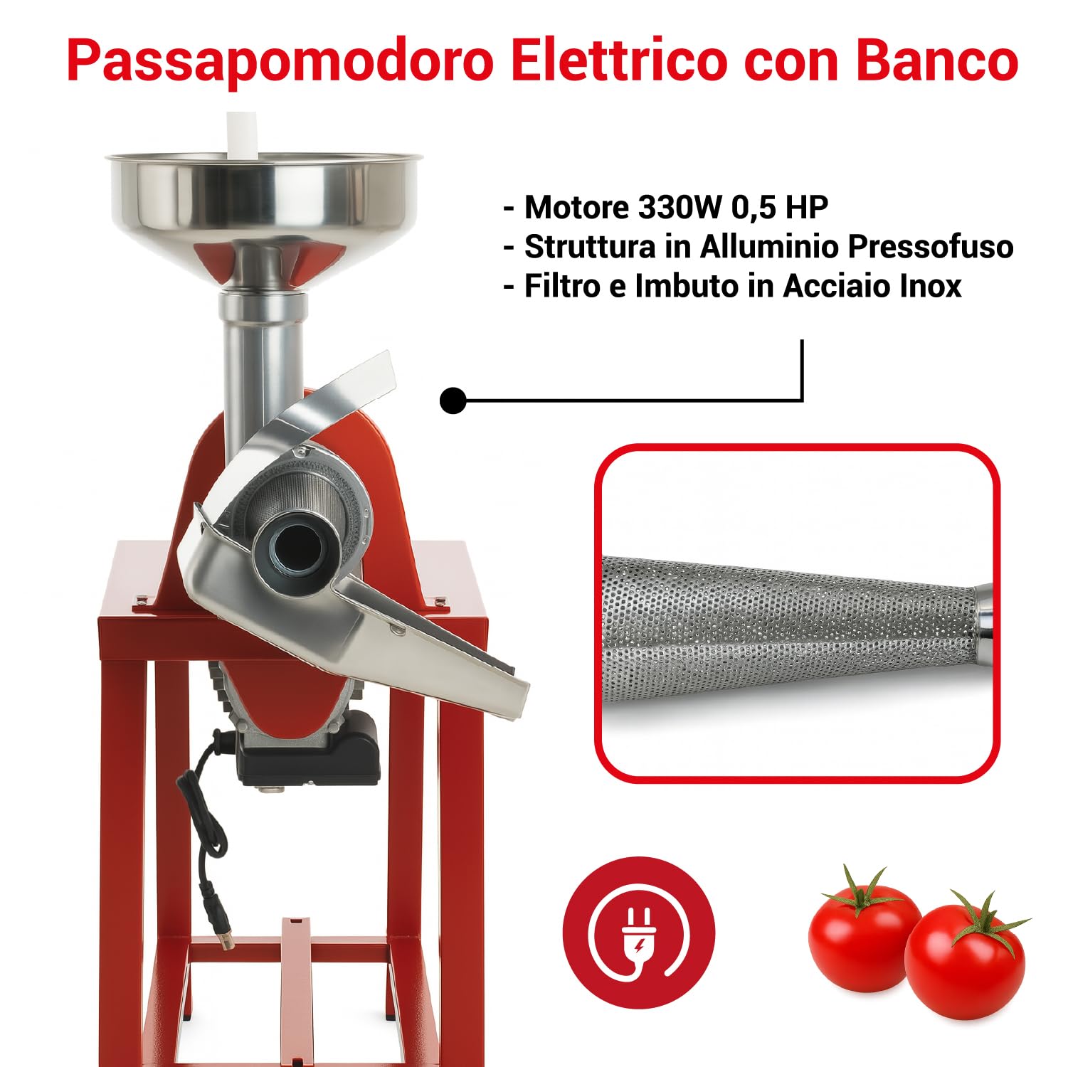 Crisalide® - Passapomodoro Elettrico N.5 Inox con Banco TS, Motore 330W 0,5 HP, Struttura in Alluminio Pressofuso, Filtro e Imbuto in Acciaio Inox, Trasmissione a Cinghia