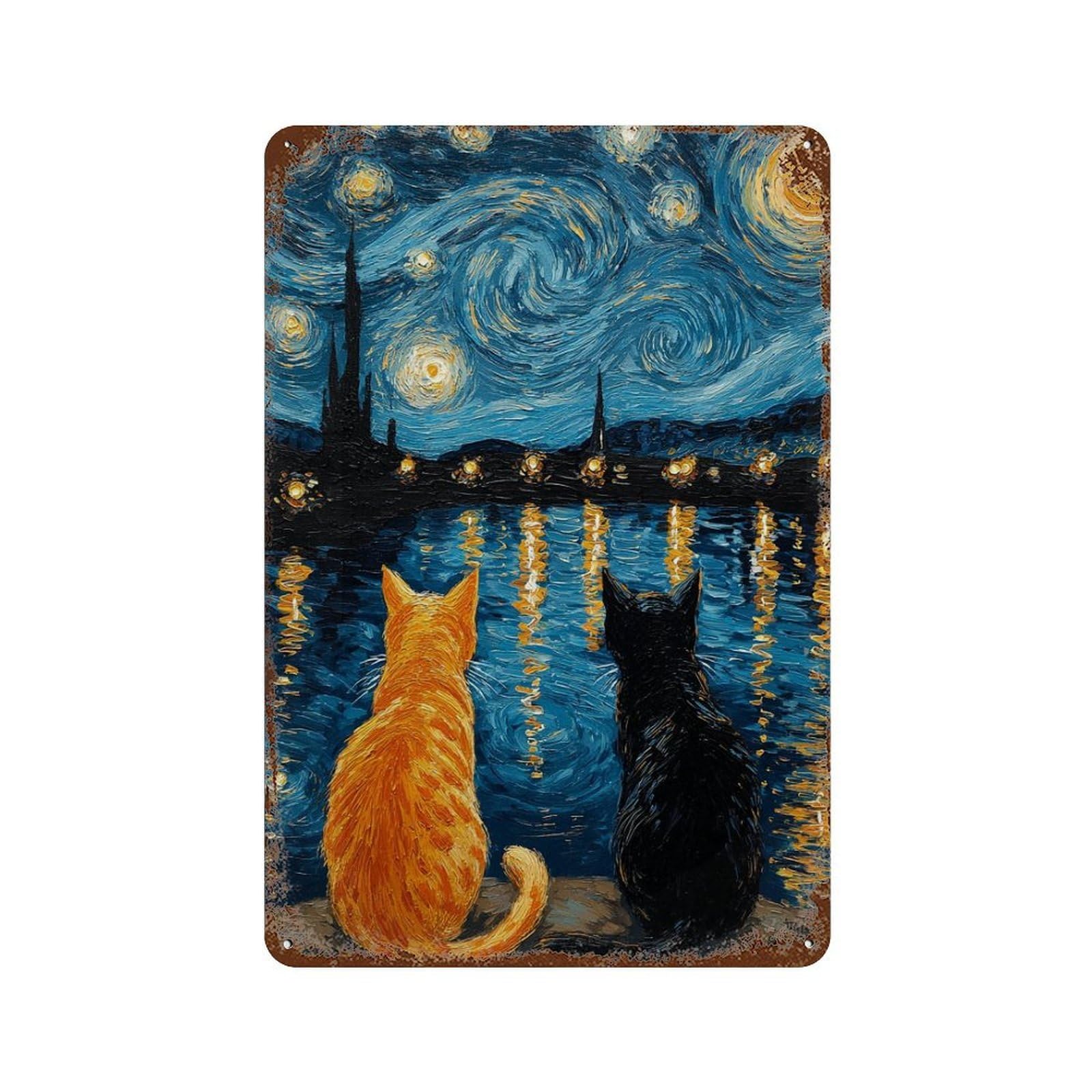 Rust Effect Starry Night Cats Reflection Weathered Tin Sign 11.8"x7.9", Novelty Wall Decor for Office, Studio And Wall Decor